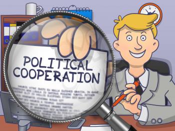Political Cooperation through Lens. Business Man Holds Out a Paper with Inscription. Closeup View. Multicolor Modern Line Illustration in Doodle Style.