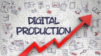 Digital Production - Increase Concept with Hand Drawn Icons Around on Brick Wall Background. Digital Production Drawn on White Brick Wall. Illustration with Doodle Icons. 