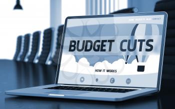 Budget Cuts on Landing Page of Mobile Computer Screen. Closeup View. Modern Meeting Room Background. Blurred Image. Selective focus. 3D Rendering.