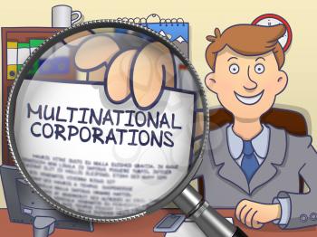Multinational Corporations on Paper in Officeman's Hand to Illustrate a Business Concept. Closeup View through Magnifier. Multicolor Doodle Style Illustration.