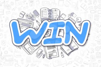 Blue Word - Win. Business Concept with Cartoon Icons. Win - Hand Drawn Illustration for Web Banners and Printed Materials. 