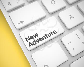 New Adventure Written on White Keypad of Aluminum Keyboard. Online Service Concept: New Adventure on Slim Aluminum Keyboard Background. 3D Illustration.