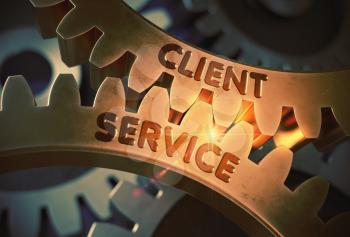 Client Service on Mechanism of Golden Metallic Cogwheels. Client Service - Illustration with Lens Flare. 3D Rendering.