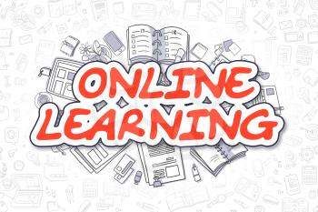 Business Illustration of Online Learning. Doodle Red Text Hand Drawn Cartoon Design Elements. Online Learning Concept. 