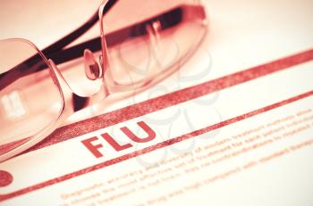 Diagnosis - Flu. Medicine Concept on Red Background with Blurred Text and Specs. Selective Focus. Flu - Medical Concept with Blurred Text and Glasses on Red Background. Selective Focus. 3D Rendering.