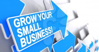 Grow Your Small Business, Text on the Blue Cursor. Grow Your Small Business - Blue Arrow with a Label Indicates the Direction of Movement. 3D Render.