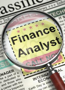 Finance Analyst - Close Up View Of A Classifieds Through Loupe. Newspaper with Searching Job Finance Analyst. Job Seeking Concept. Blurred Image. 3D.