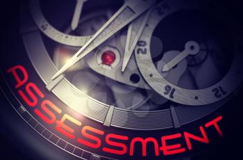 Assessment on Face of Elegant Wristwatch, Chronograph Close-Up. Luxury Wrist Watch Machinery Macro Detail with Inscription Assessment. Work Concept with Glow Effect and Lens Flare. 3D Rendering.