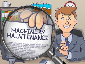 Officeman in Suit Looking at Camera and Holds Out a Paper with Concept Machinery Maintenance Concept through Magnifier. Closeup View. Colored Modern Line Illustration in Doodle Style.