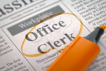 A Newspaper Column in the Classifieds with the Classified Advertisement of Hiring of Office Clerk, Circled with a Orange Marker. Blurred Image. Selective focus. Concept of Recruitment. 3D Rendering.