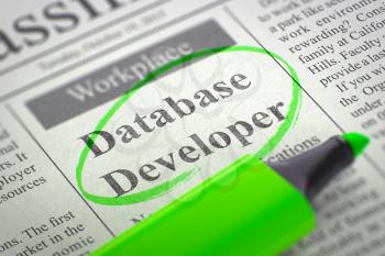 Database Developer - Jobs Section Vacancy in Newspaper, Circled with a Green Highlighter. Blurred Image with Selective focus. Job Search Concept. 3D Illustration.
