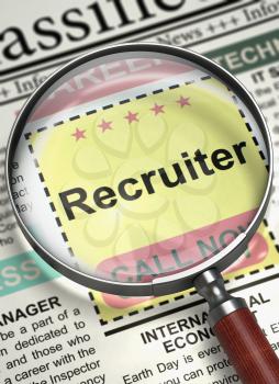 Recruiter - Classified Ad in Newspaper. Recruiter - Close View Of A Classifieds Through Magnifier. Concept of Recruitment. Selective focus. 3D.