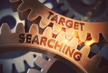 Target Searching - Illustration with Glow Effect and Lens Flare. Target Searching on Mechanism of Golden Metallic Cogwheels with Glow Effect. 3D Rendering.
