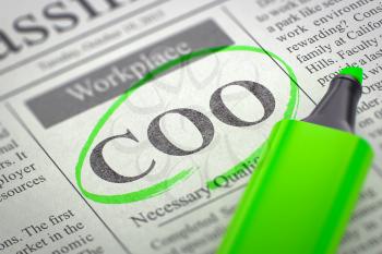 COO - Jobs in Newspaper, Circled with a Green Highlighter. Blurred Image with Selective focus. Hiring Concept. 3D Rendering.