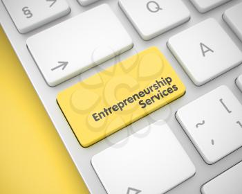 Business Concept: Entrepreneurship Services on the Modern Computer Keyboard lying on Yellow Background. Business Concept: Entrepreneurship Services on White Keyboard Background. 3D Render.