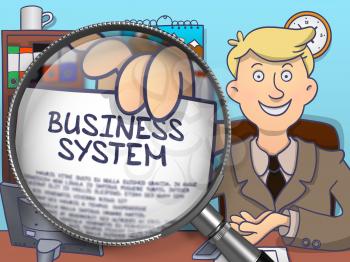 Business Man in Office Workplace Holding a Concept on Paper Business System. Closeup View through Lens. Multicolor Modern Line Illustration in Doodle Style.