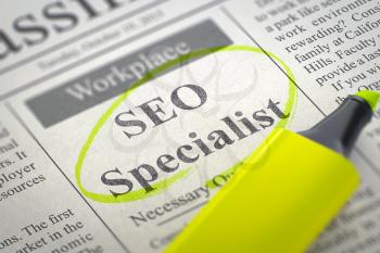 SEO Specialist - Small Ads of Job Search in Newspaper, Circled with a Yellow Highlighter. Blurred Image with Selective focus. Hiring Concept. 3D Render.