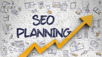 Brick Wall with SEO Planning - Search Engine Optimization Planning Inscription and Orange Arrow. Enhancement Concept. 