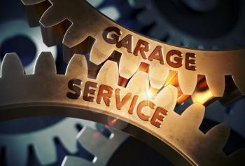 Garage Service on Mechanism of Golden Gears with Lens Flare. Garage Service on the Mechanism of Golden Cogwheels with Glow Effect. 3D Rendering.