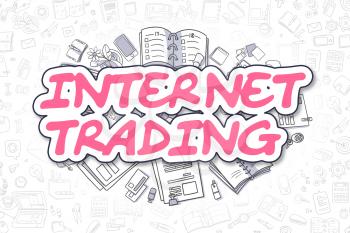 Cartoon Illustration of Internet Trading, Surrounded by Stationery. Business Concept for Web Banners, Printed Materials. 