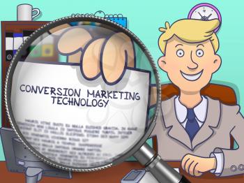 Businessman in Office Workplace Showing a Paper with Concept Conversion Marketing Technology. Closeup View through Magnifying Glass. Multicolor Doodle Illustration.