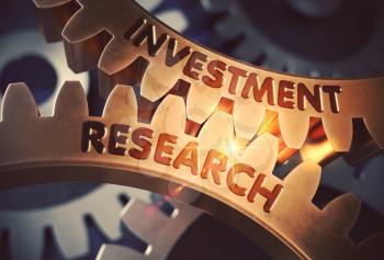 Investment Research - Illustration with Lens Flare. Investment Research on Golden Cogwheels. 3D Rendering.