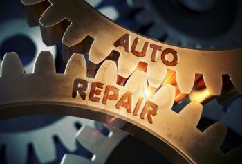 Auto Repair - Technical Design. Auto Repair on Mechanism of Golden Metallic Cogwheels with Glow Effect. 3D Rendering.