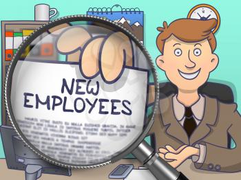 Business Man in Office Workplace Holds Out a Concept on Paper New Employees. Closeup View through Lens. Colored Doodle Style Illustration.