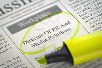 Director Of PR And Media Relations. Newspaper with the Jobs, Circled with a Yellow Highlighter. Blurred Image with Selective focus. Job Search Concept. 3D Illustration.