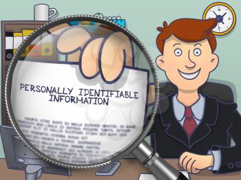 Personally Identifiable Information through Magnifier. Businessman Shows Text on Paper. Closeup View. Multicolor Modern Line Illustration in Doodle Style.