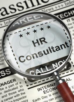 HR Consultant - Close View Of A Classifieds Through Magnifier. Illustration of Classified Ad of HR Consultant in Newspaper with Magnifying Glass. Job Search Concept. Selective focus. 3D Rendering.