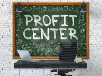 Green Chalkboard with the Text Profit Center Hangs on the White Brick Wall in the Interior of a Modern Office. Illustration with Doodle Style Elements. 3D.