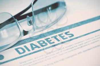 Diabetes - Medical Concept on Blue Background with Blurred Text and Composition of Specs. Diabetes - Medicine Concept with Blurred Text and Specs on Blue Background. Selective Focus. 3D Rendering.