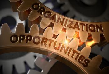 Organization Opportunities on Mechanism of Golden Cogwheels. Organization Opportunities Golden Gears. 3D Rendering.