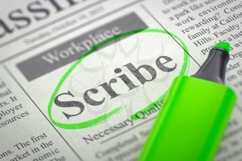 Scribe - Classified Advertisement of Hiring in Newspaper, Circled with a Green Highlighter. Blurred Image. Selective focus. Concept of Recruitment. 3D Illustration.
