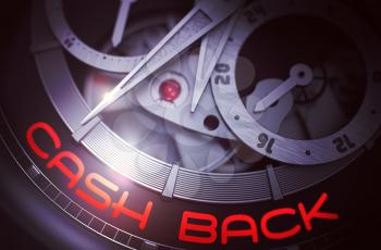 Cash Back - Old Watch Inside Mechanism Close Up with Inscription on Face. Cash Back on Face of Old Watch, Chronograph Close-Up. Time and Work Concept with Glowing Light Effect. 3D Rendering.