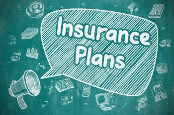Speech Bubble with Inscription Insurance Plans Cartoon. Illustration on Blue Chalkboard. Advertising Concept. 