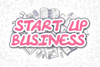 Start Up Business Doodle Illustration of Magenta Text and Stationery Surrounded by Doodle Icons. Business Concept for Web Banners and Printed Materials. 