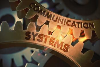 Communication Systems on the Mechanism of Golden Metallic Gears with Glow Effect. Communication Systems - Illustration with Lens Flare. 3D Rendering.