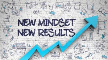 New Mindset New Results - Improvement Concept. Inscription on the White Brick Wall with Doodle Icons Around. White Wall with New Mindset New Results Inscription and Blue Arrow. Enhancement Concept. 