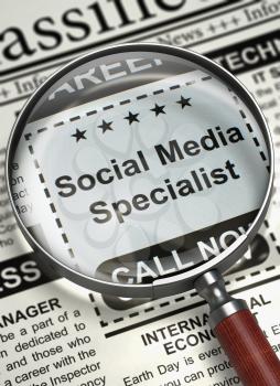 Social Media Specialist. Newspaper with the Jobs. Column in the Newspaper with the Classified Ad of Social Media Specialist. Concept of Recruitment. Selective focus. 3D Illustration.