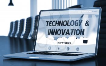 Technology and Innovation Concept. Closeup of Landing Page on Mobile Computer Screen in Modern Meeting Room. Toned Image. Blurred Background. 3D Rendering.
