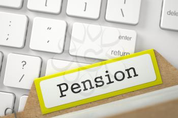 Pension written on Yellow File Card Concept on Background of Modern Laptop Keyboard. Closeup View. Blurred Illustration. 3D Rendering.