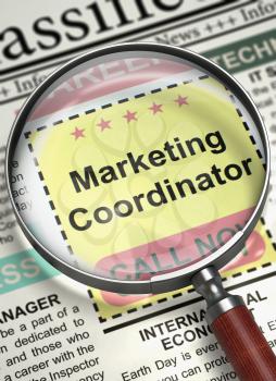 Marketing Coordinator - Close Up View of Jobs Section Vacancy in Newspaper with Magnifier. Newspaper with Searching Job Marketing Coordinator. Job Search Concept. Selective focus. 3D.