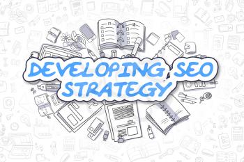 Cartoon Illustration of Developing SEO Strategy, Surrounded by Stationery. Business Concept for Web Banners, Printed Materials. 