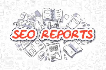 Cartoon Illustration of SEO Reports, Surrounded by Stationery. Business Concept for Web Banners, Printed Materials. 