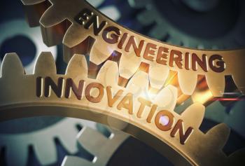 Engineering Innovation on Mechanism of Golden Metallic Gears with Lens Flare. Engineering Innovation on the Mechanism of Golden Cogwheels. 3D Rendering.