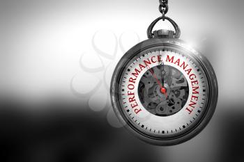 Business Concept: Performance Management on Vintage Watch Face with Close View of Watch Mechanism. Vintage Effect. Performance Management Close Up of Red Text on the Pocket Watch Face. 3D Rendering.