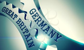 Germany Great Britain on the Shiny Metal Cog Gears, Communication Illustration with Glowing Light Effect. Germany Great Britain - Illustration with Glow Effect. 3D.