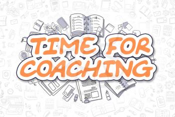 Cartoon Illustration of Time For Coaching, Surrounded by Stationery. Business Concept for Web Banners, Printed Materials. 